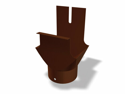 Bildet viser en brun PREFA tappestykke for firkantrenne i høykvalitets aluminium. Tappestykket fungerer som overgang fra firkantrenne til nedløpsrør og sørger for effektiv avledning av regnvann. Det er tilgjengelig i forskjellige størrelser: 250 × Ø 80, 333 × Ø 100, 400 × Ø 120 samt 500 × Ø 120 og 500 × Ø 150.
