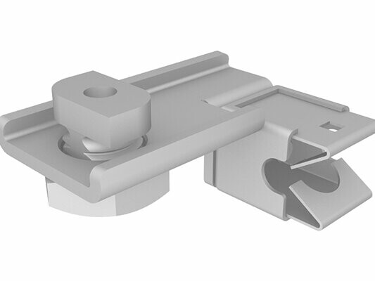 PREFA firkantrør-lyskoblingsklemme med integrert Niro-klemme som ledningsholder, inkl. festeklemme for feste. Denne klemmen brukes til sikker feste av ledninger med en diameter på Ø 8–12 mm og sikrer pålitelig montering.