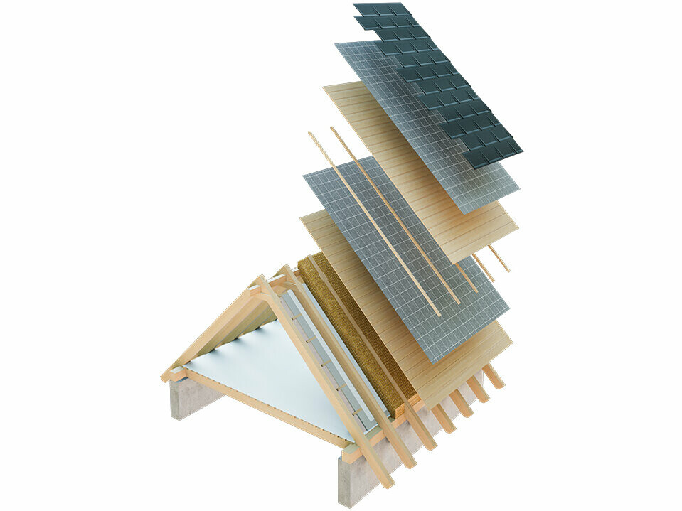 Teknisk visning av en takoppbygging av et kaldt tak, flerlags takoppbygging med lekter, full forskaling, separasjonslag, takstol. Loft kan brukes som oppholdsrom, dobbeltskall takoppbygging, ventilert takoppbygging. Sløyfer