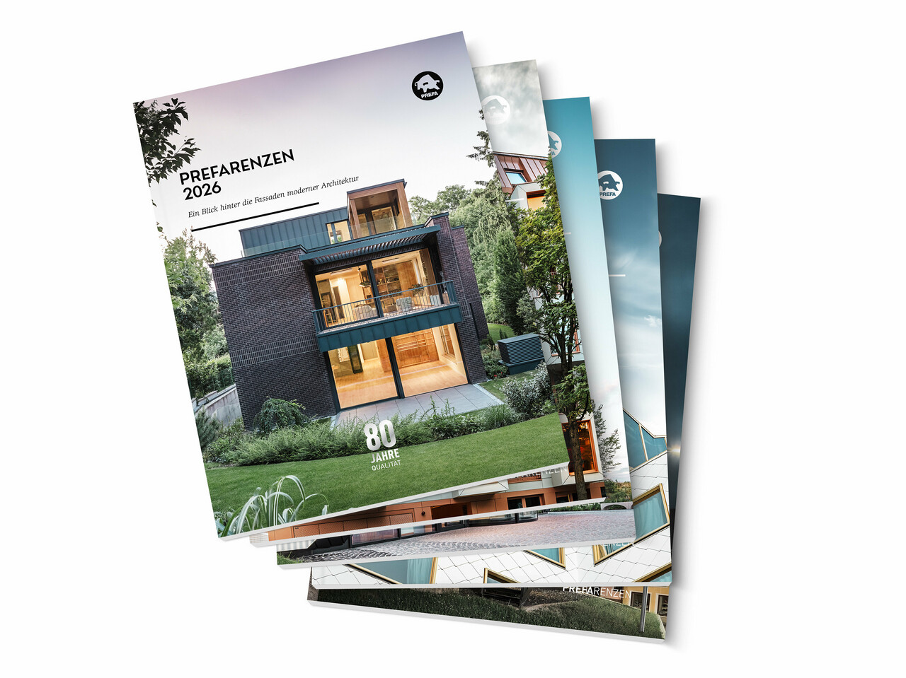 Bildet viser PREFARENZEN med imponerende eksempler på moderne arkitektur med aluminium som byggemateriale, mot en hvit bakgrunn. 