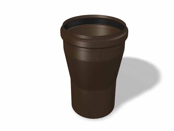 PREFA overgangsmuffe, tilgjengelig i størrelsene Ø 110/100 mm og Ø 125/120 mm, muliggjør sømløs overgang mellom rør av ulik størrelse i takdrenering og fasadesystemer.