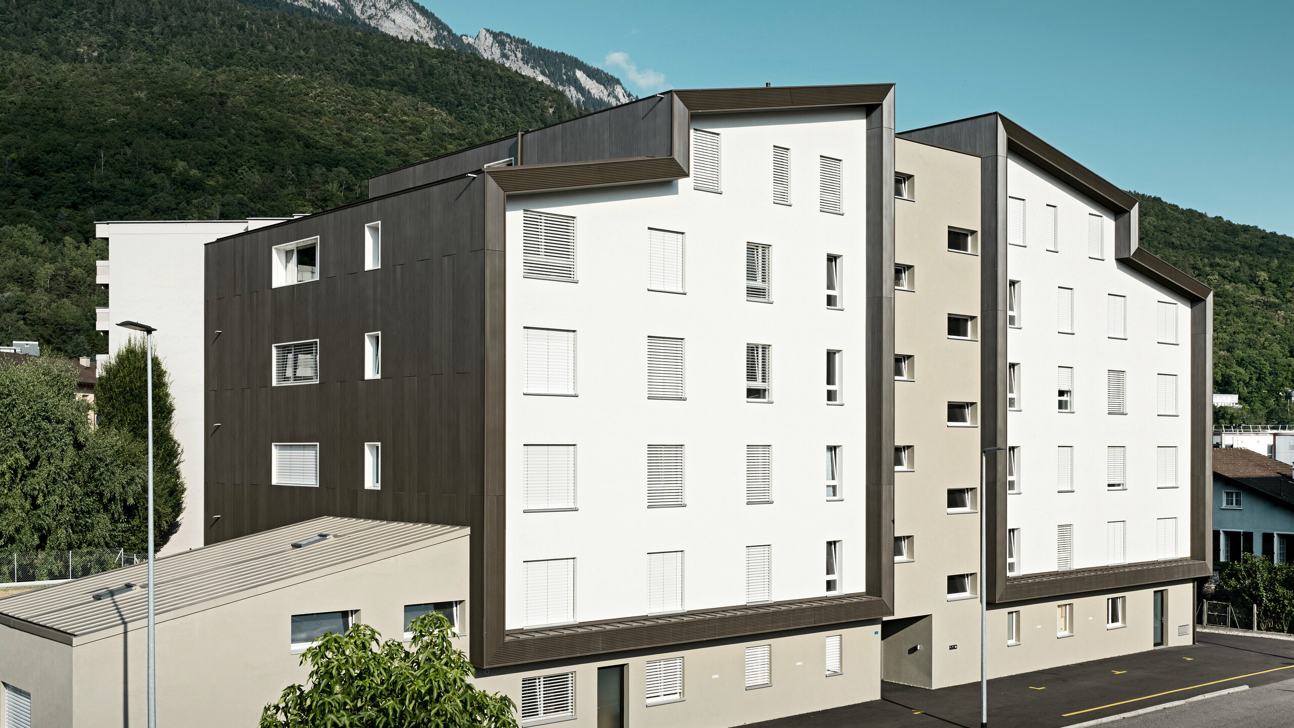 Fasader på boligkomplekset Les Dailles ble i stor grad kledd med den imponerende PREFA-sikksakkprofilen i bronse. Taket på bygningen ble dekket med PREFALZ i bronse.