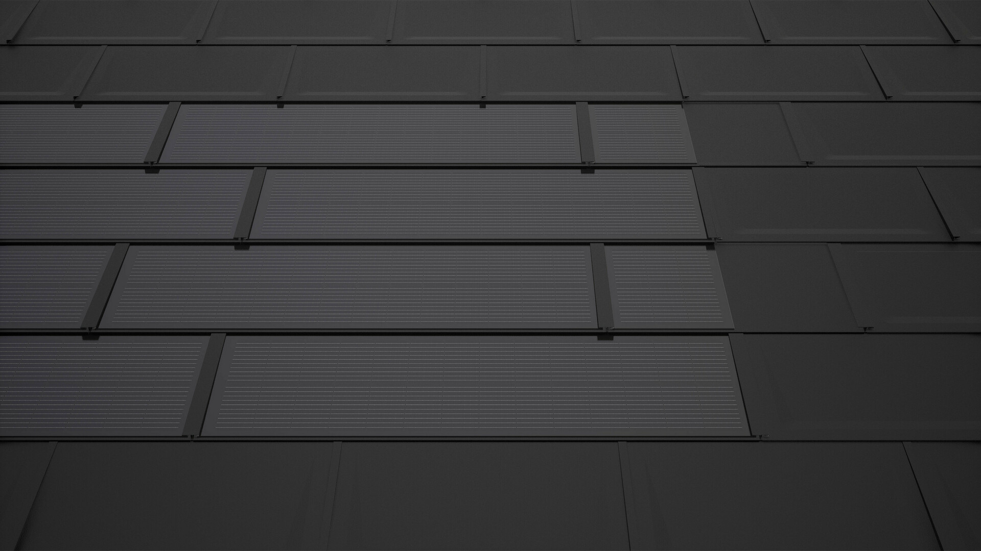 PREFA solcelle takplater i svart med tilleggsplater. Disse sørger for en rektangulær modulflate og bidrar til et harmonisk helhetsbilde på solcelletaket.